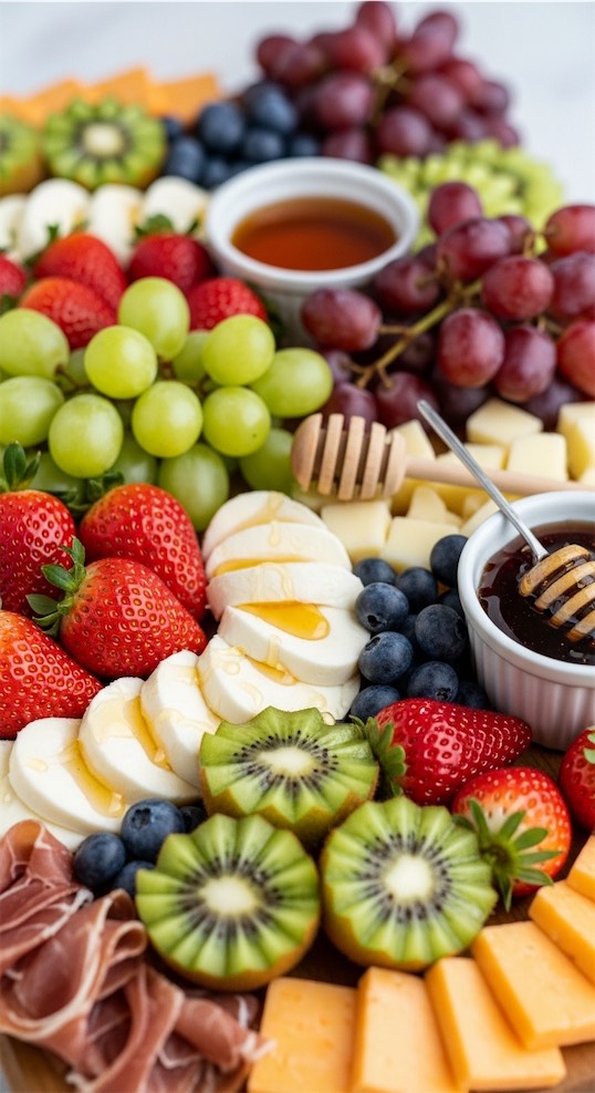 Spring Fruit and Cheese Easter Board with grapes and cheese