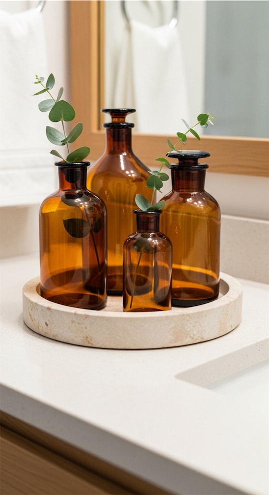 Stone Tray with Amber Glass Bottles and Eucalyptus modern Bathroom Tray Decor