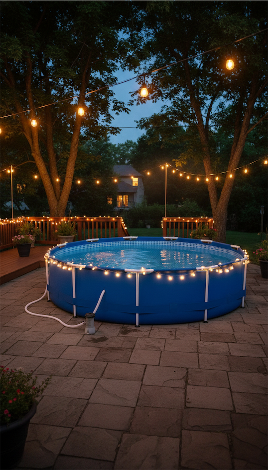 fairy lights around an intex pool