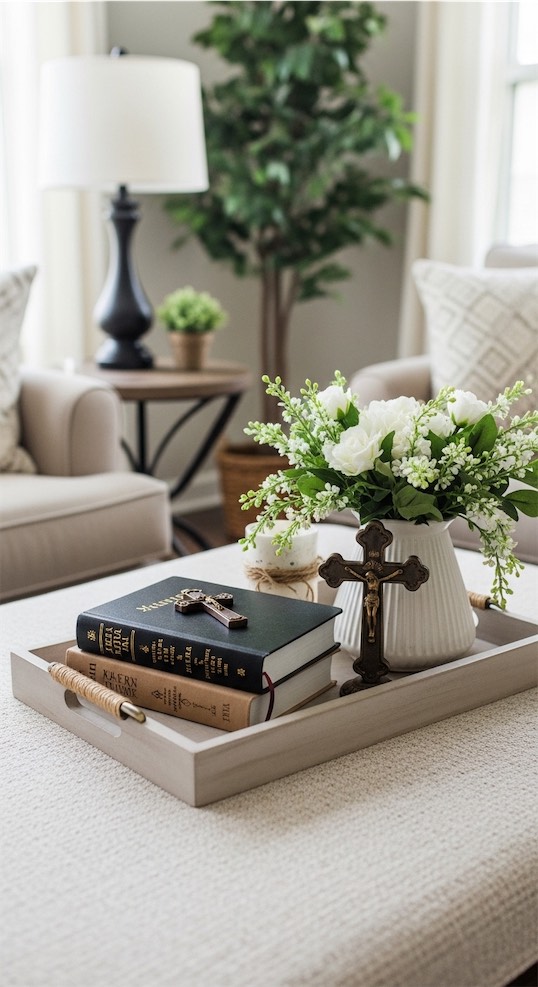 coffee table styled with crosses and white florals