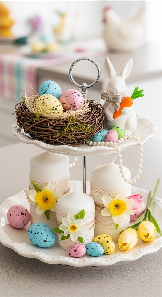 cake stand with easter decor in kitchen Easter Kitchen Decor