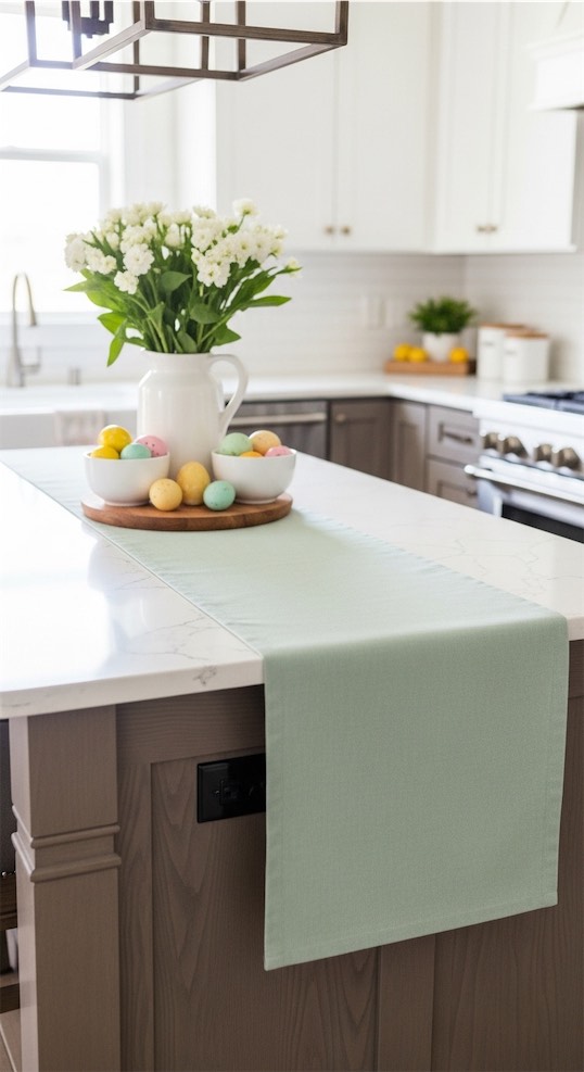pastel green runner on kitchen island