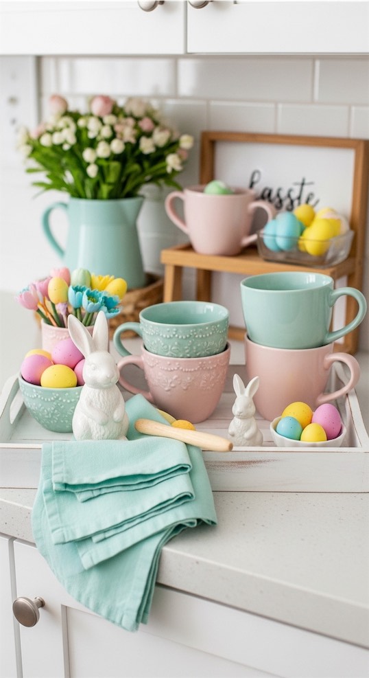 coffee tray with Easter coffee or tea essentials