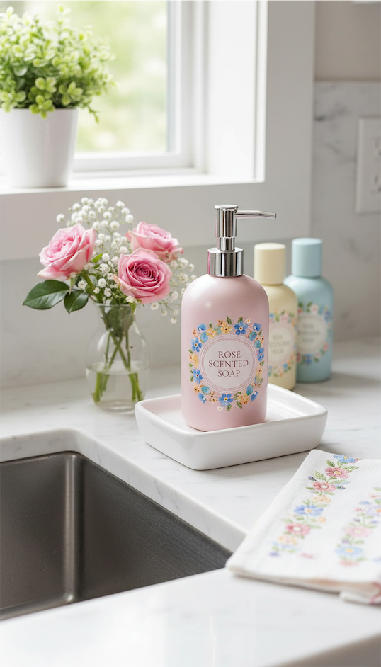 rose scented soap in an easter themed bottle