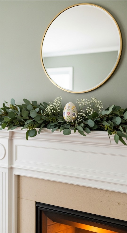 greenery on mantle with single egg
