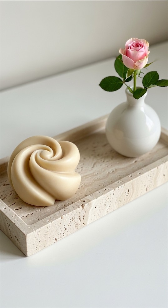 Travertine Dish Tray with Sculpted Soap and Rosebud Vase