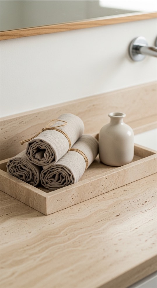 Travertine Tray with Rolled Linen and Ceramic Bud Vase