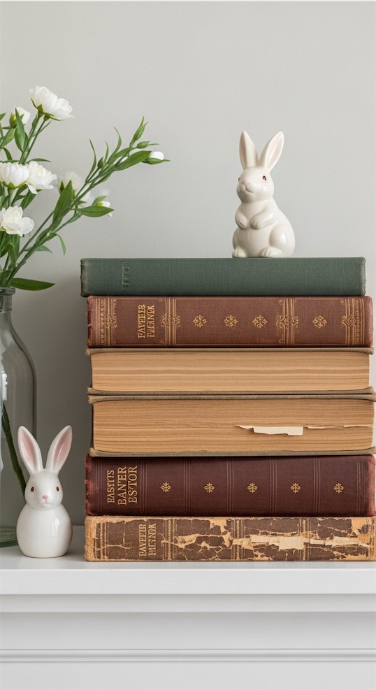 two ceramic rabbits on vintage books for Easter Mantle