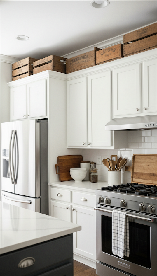 farmhouse vintage wooden crates used for storage in kitchen