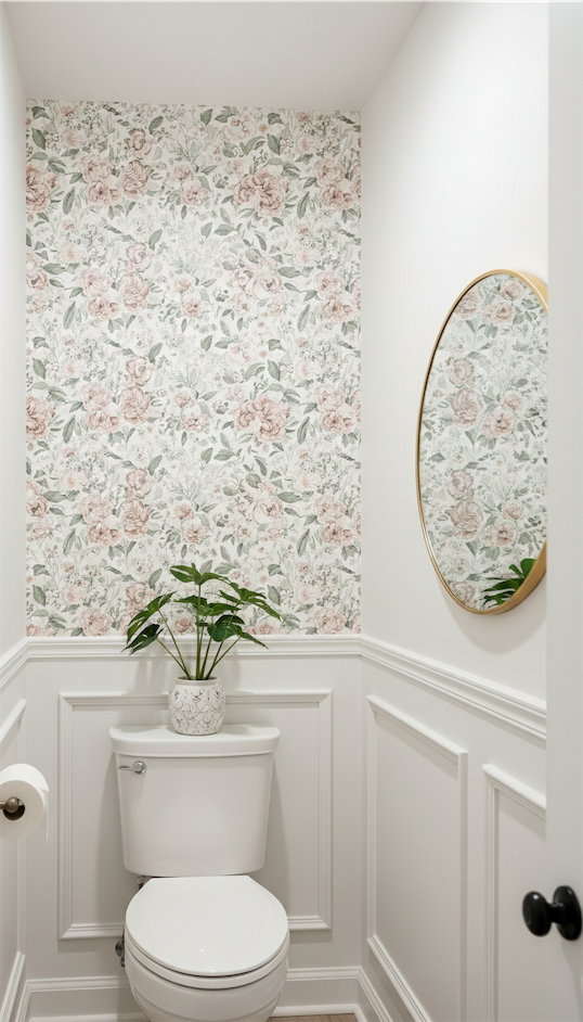 Peel and stick floral wallpaper above toilet