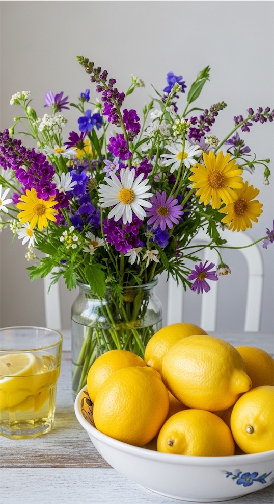 lemons and wildflowers on dining table
