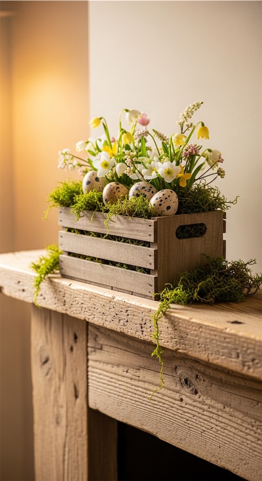 rustic wooden crate with fake moss , eggs and flowers