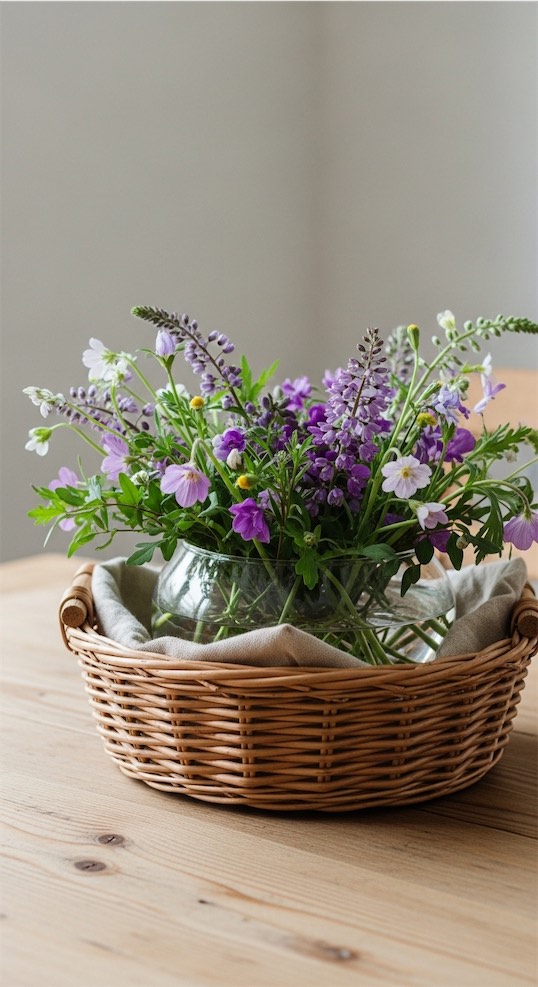 wicker basket with wildflowers