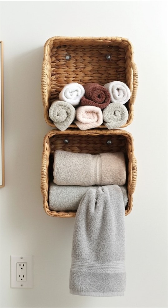 baskets used for towels in bathroom