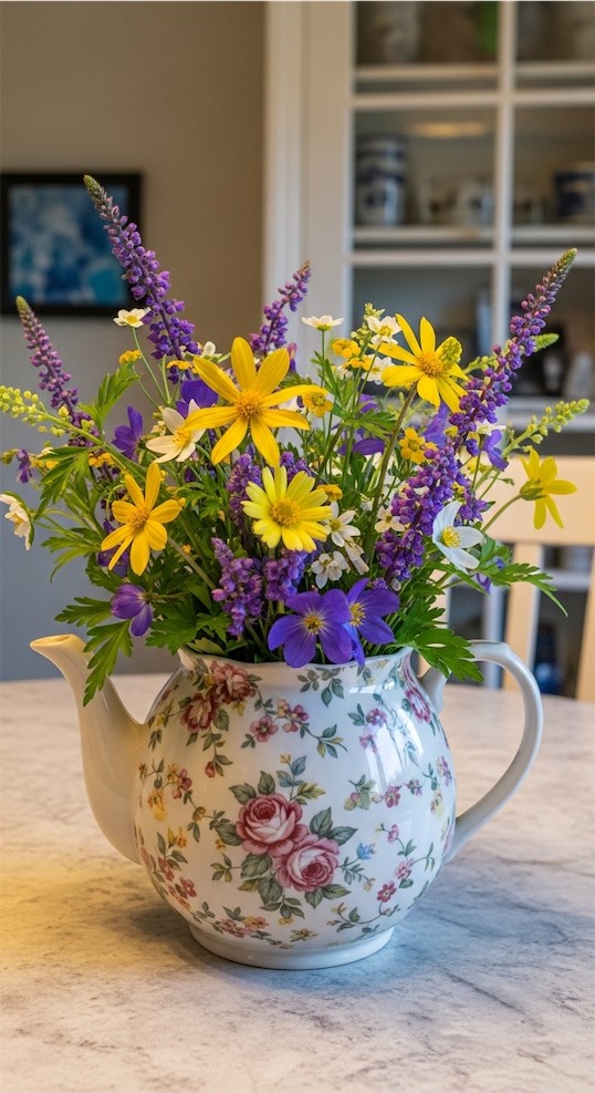 floral teapot with wildflowers inside