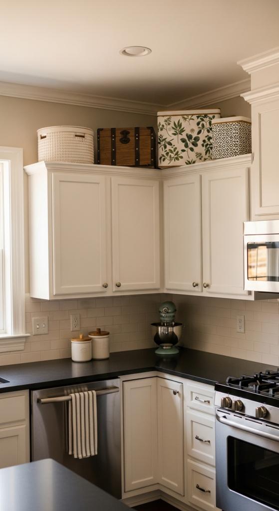 decorative boxes on top of kitchen cabinets
