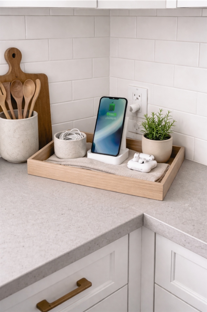 Wooden tray used as a charging station