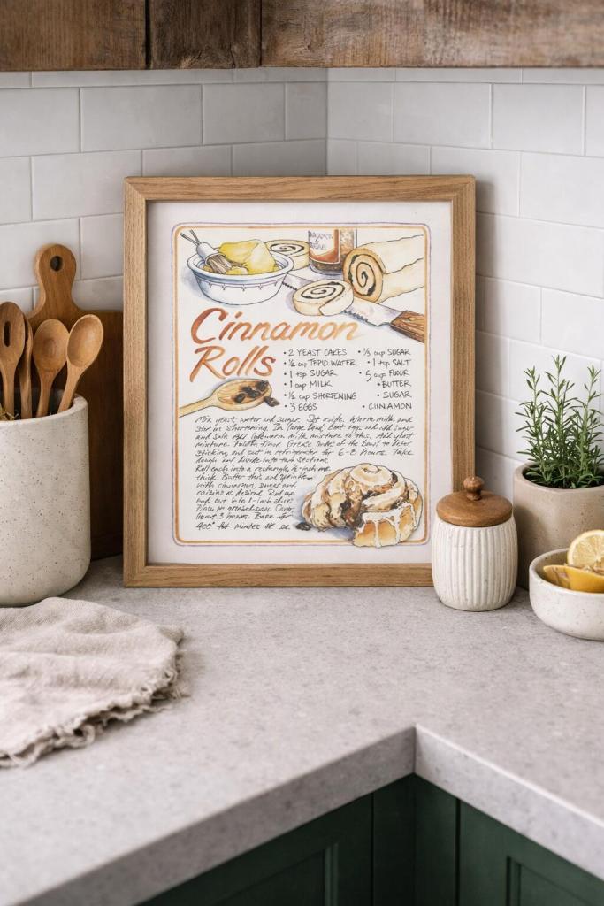 Framed recipe artwork in the corner of kitchen