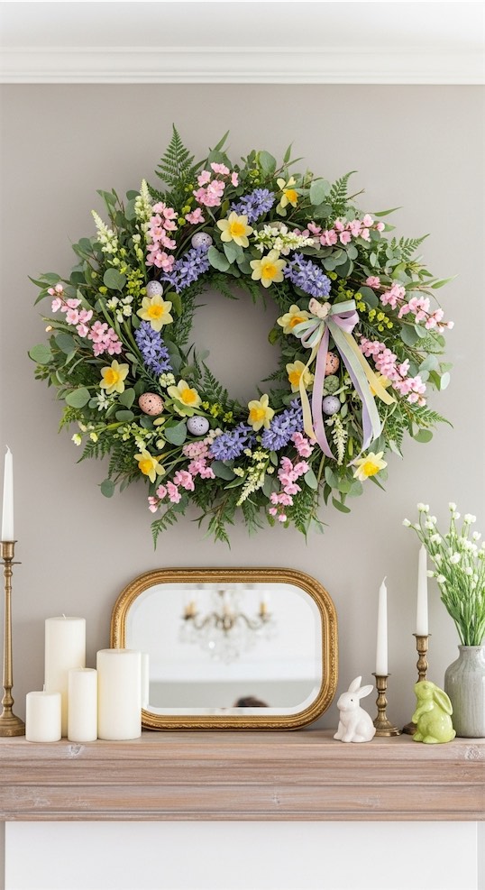 spring wreath in pink and purple tones hung above Easter Mantle