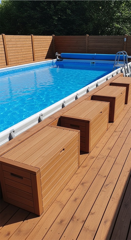 matching storage boxes next to pool area