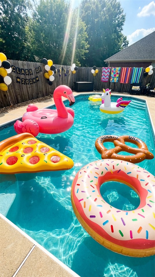 inflatables in pool of a fun Graduation Pool Party