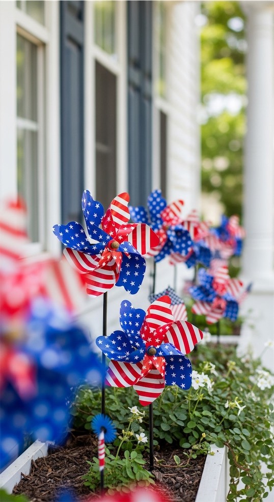 american flag wind spinners in planters on front porch