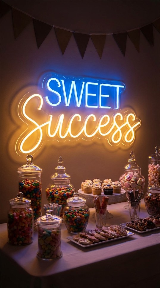 neon light above candy buffet