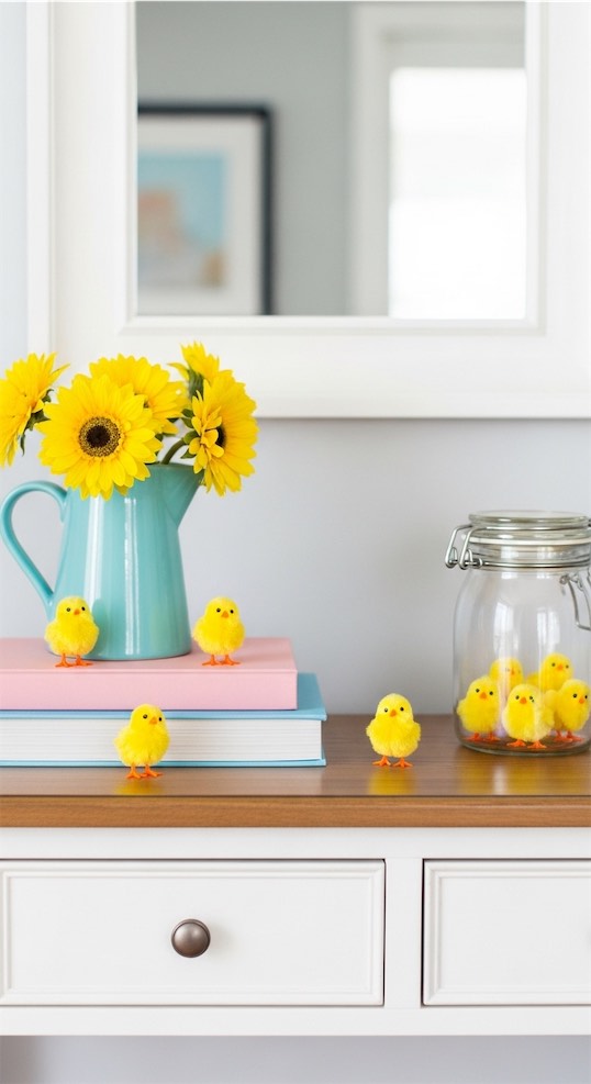 colourful chicks on entryway table