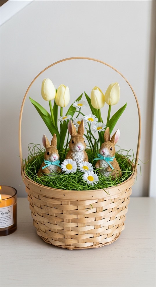 basket with moss and rabbits