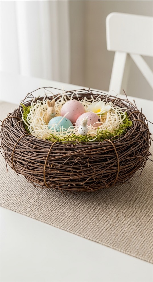 weaved basket with pastel easter eggs