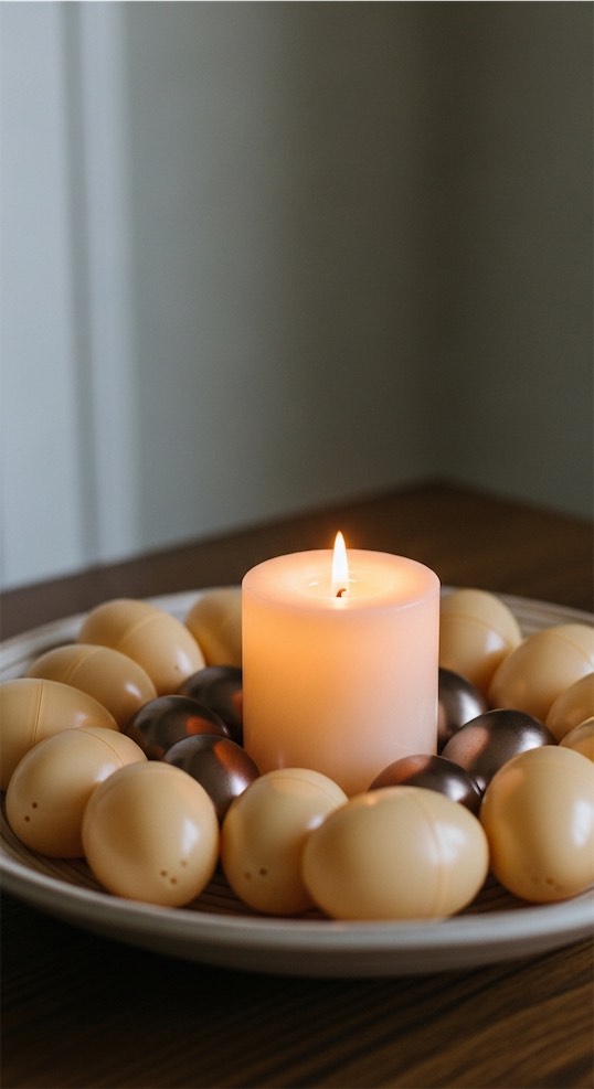bowl with pillar candle and eggs 
