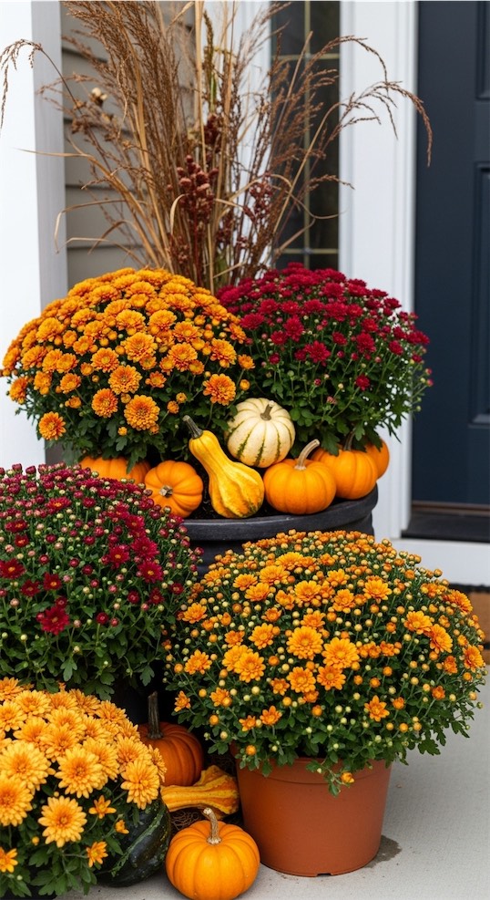 Autumnal themed flower pots on front porch 