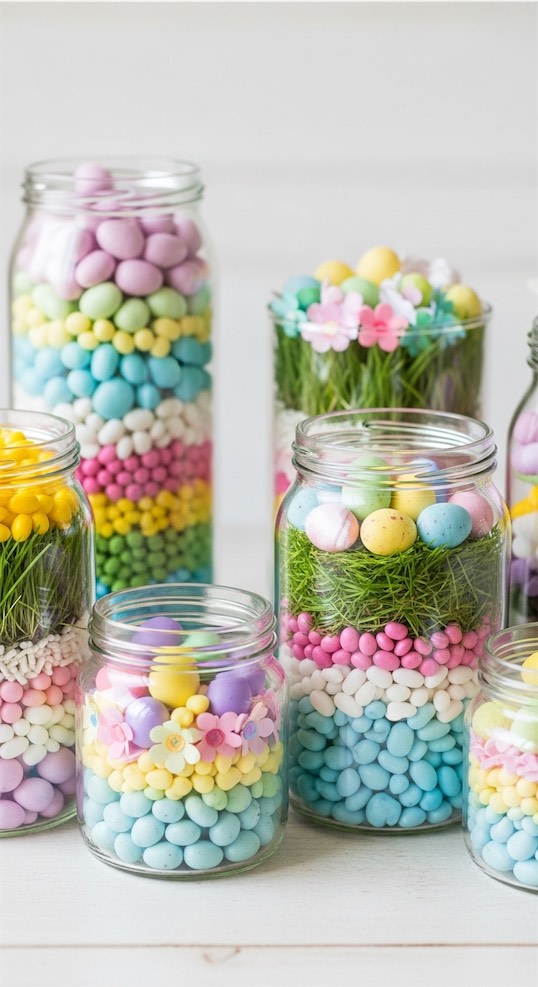 jars filled with colorful eggs and grass