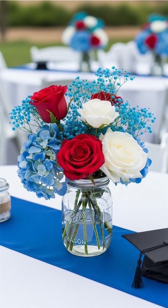 blue red and white Graduation Mason Jar Centerpieces
