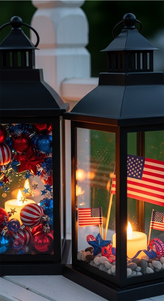 lanterns with candles and USa FLAGS