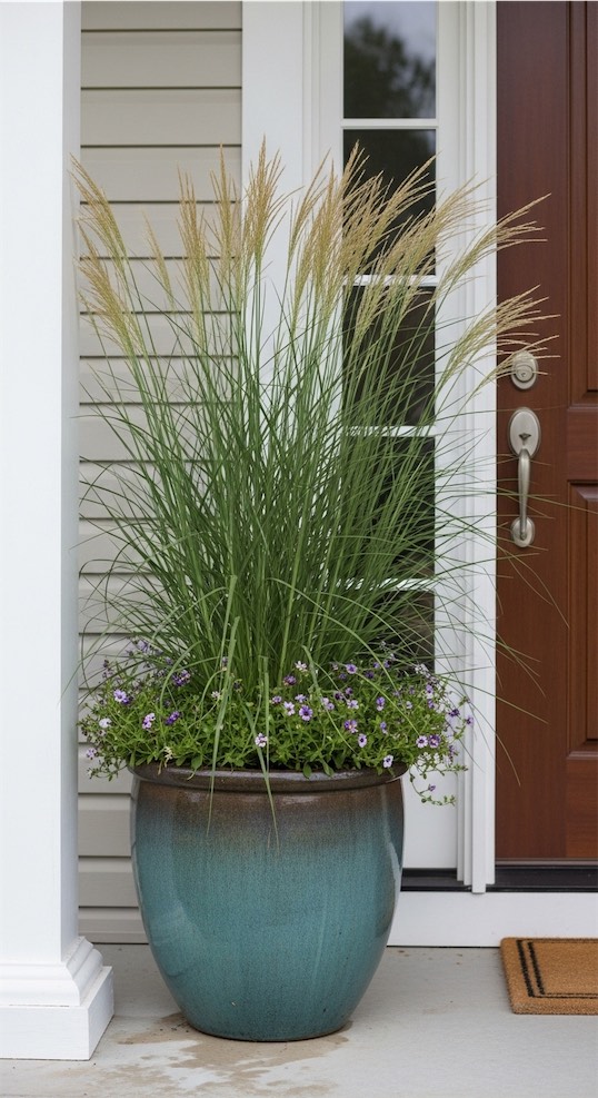 tall grass planted in flower pot on front porch 