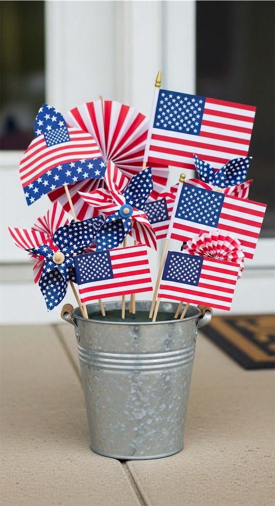 mini USA flags in metal bucket 