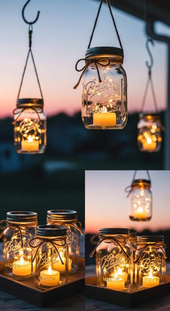 mason jars hanging with LED candles