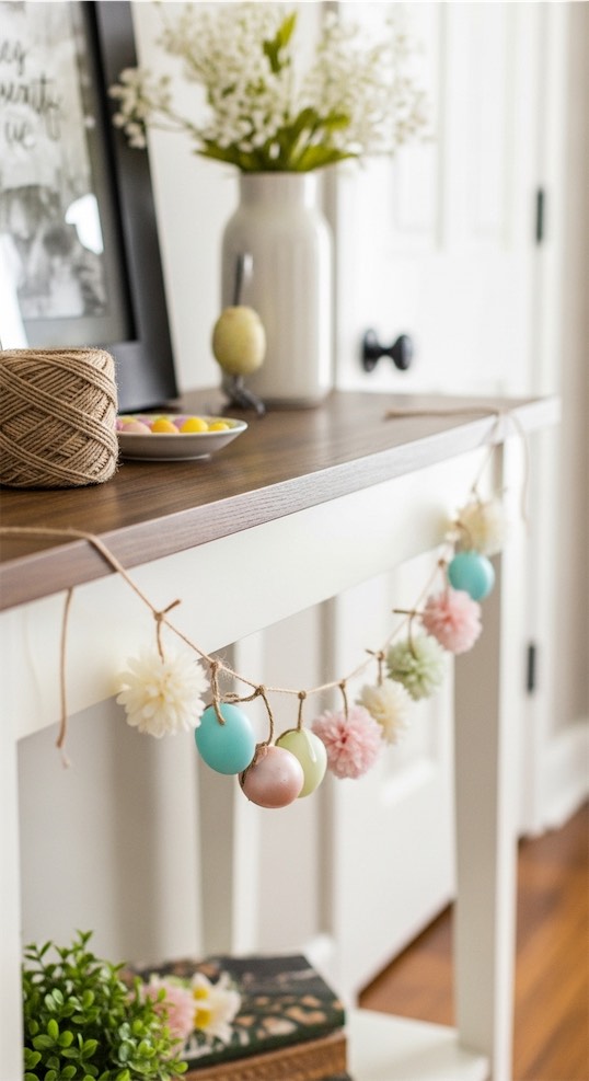 garland hanging from entryway console table easter entryway decor 