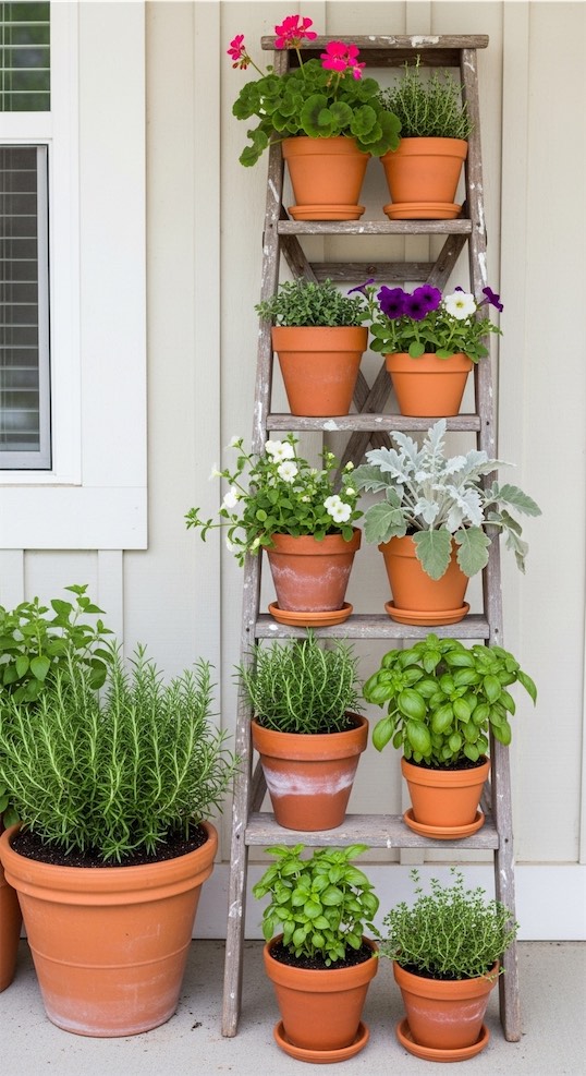 An old ladder with terracotta plant pots