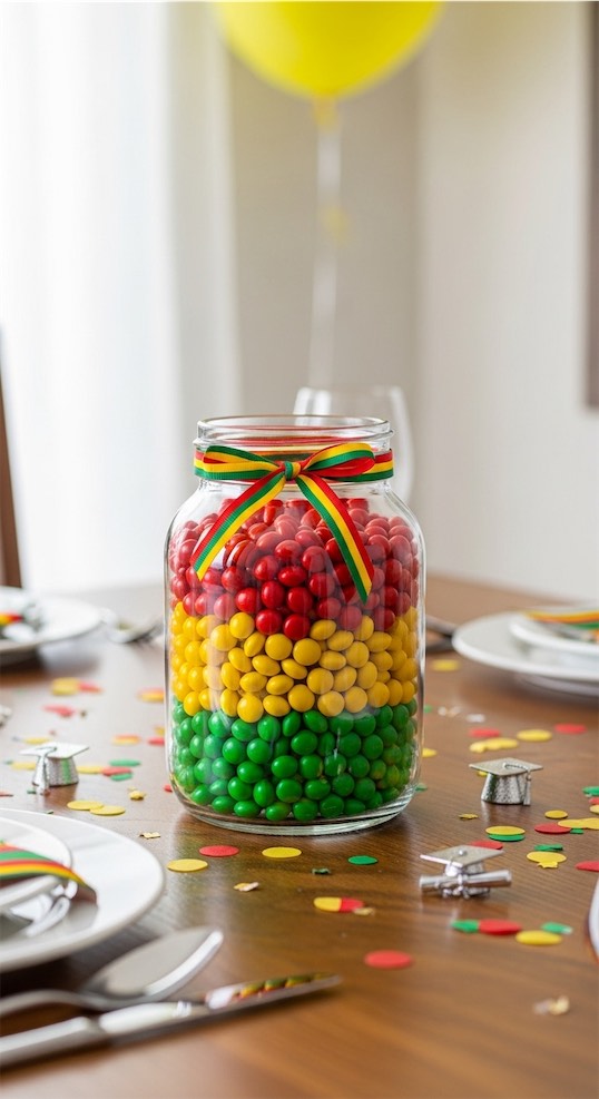 sweets inside mason jars in different colors
