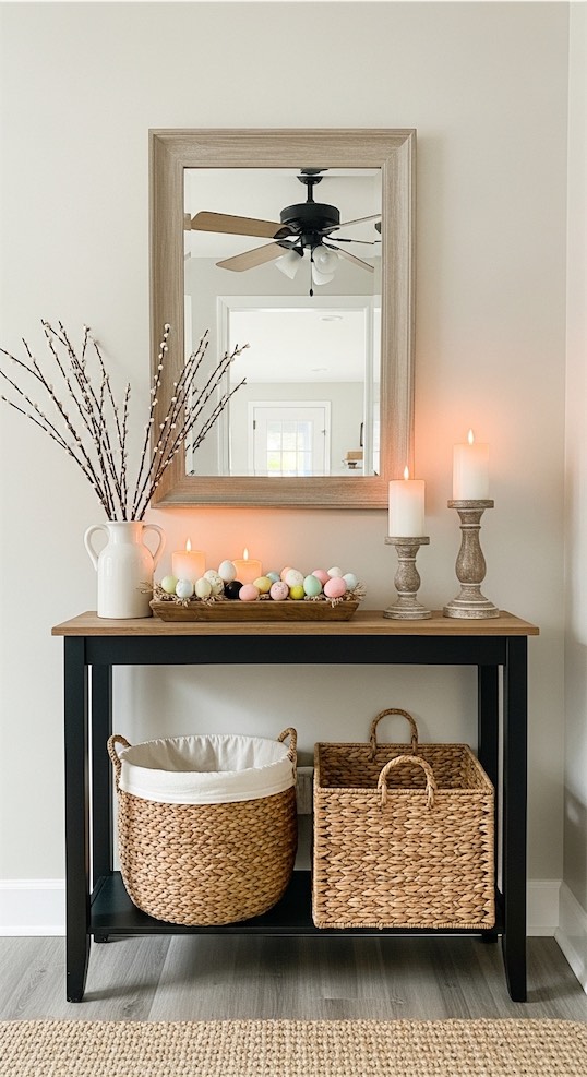 mirror behind easter decor 