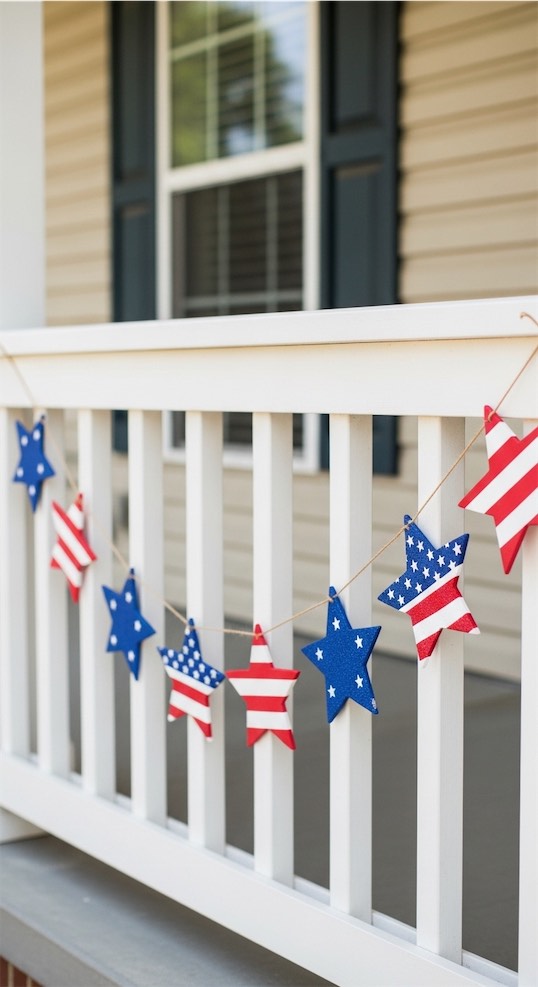 star garland on front porch rail in patriotic colors