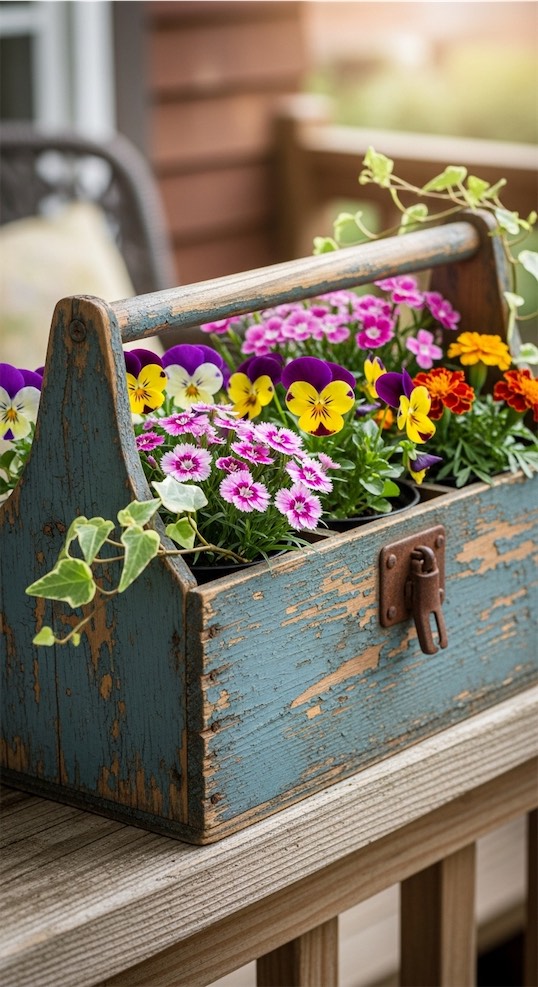 Old Toolbox Planter with Mixed Cottage Flowers