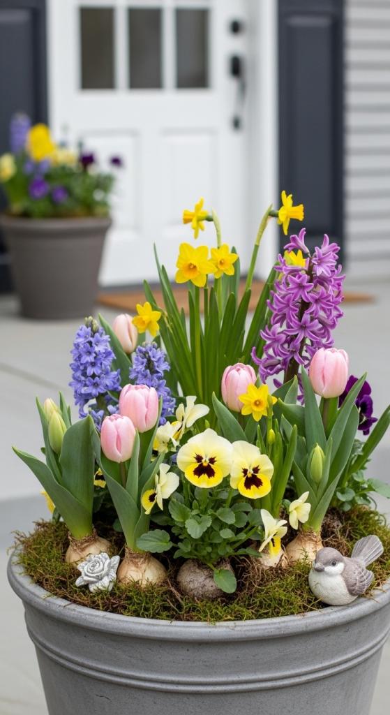 spring planter pot on front porch