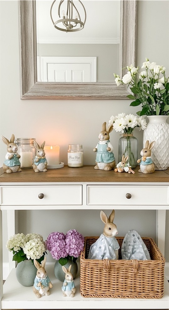 rabbits on console table easter entryway decor ideas