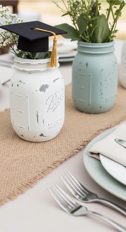 chalk painted mason jars for rustic theme