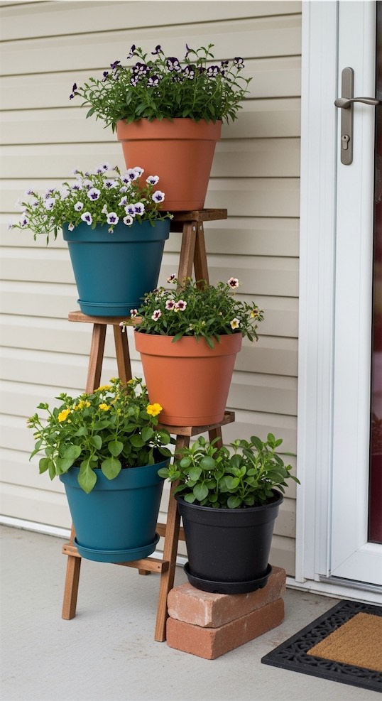 stacked flower pots on ladder 