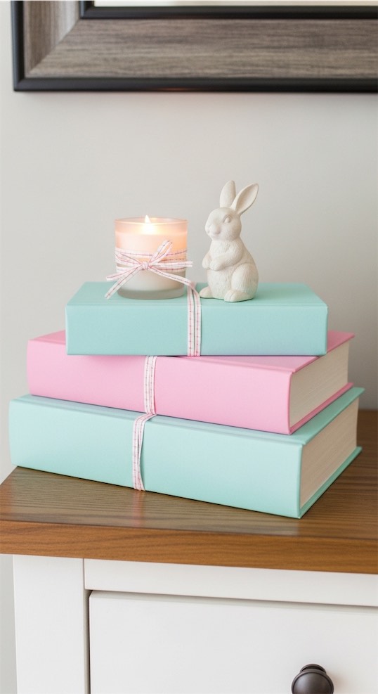 stacked books with ceramic rabbit