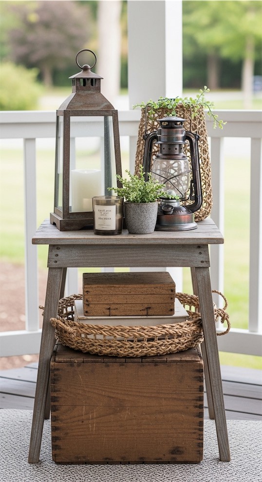 table on the front porch decorated with rustic style plant pots, lanterns and candles